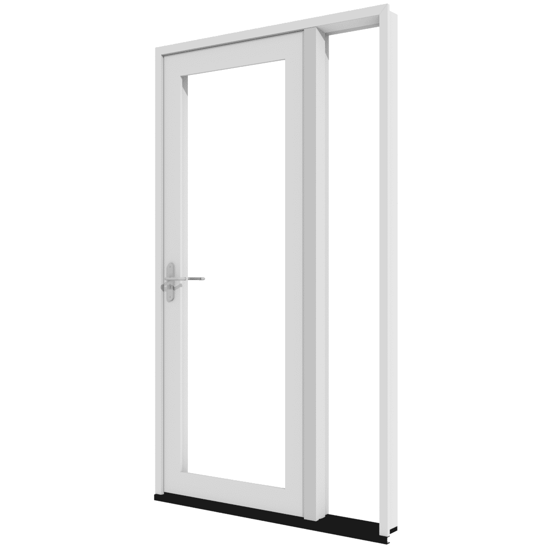 Terrassentür weiß, Kunststoff, einflügelig mit seitlichem Festteil und Griff, schlankes modernes Rahmenprofil