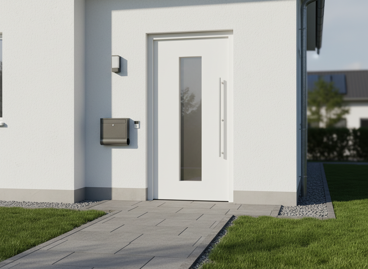 Haustür weiß Kunststoff mit schmaler Glasfüllung und langem Metallgriff an weißer Putzfassade neben Briefkasten