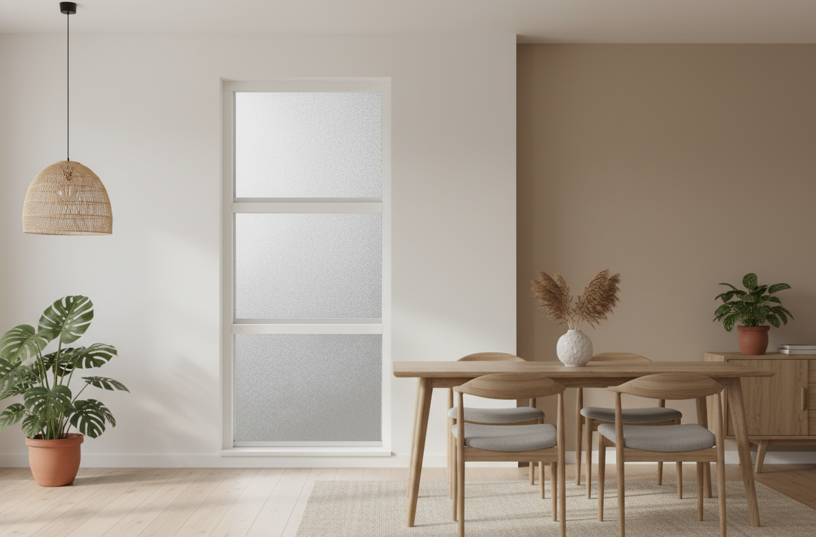 Innenraum mit schmalem, vertikalem Fenster aus Milchglas mit drei Feldern in einem hellen Essbereich.