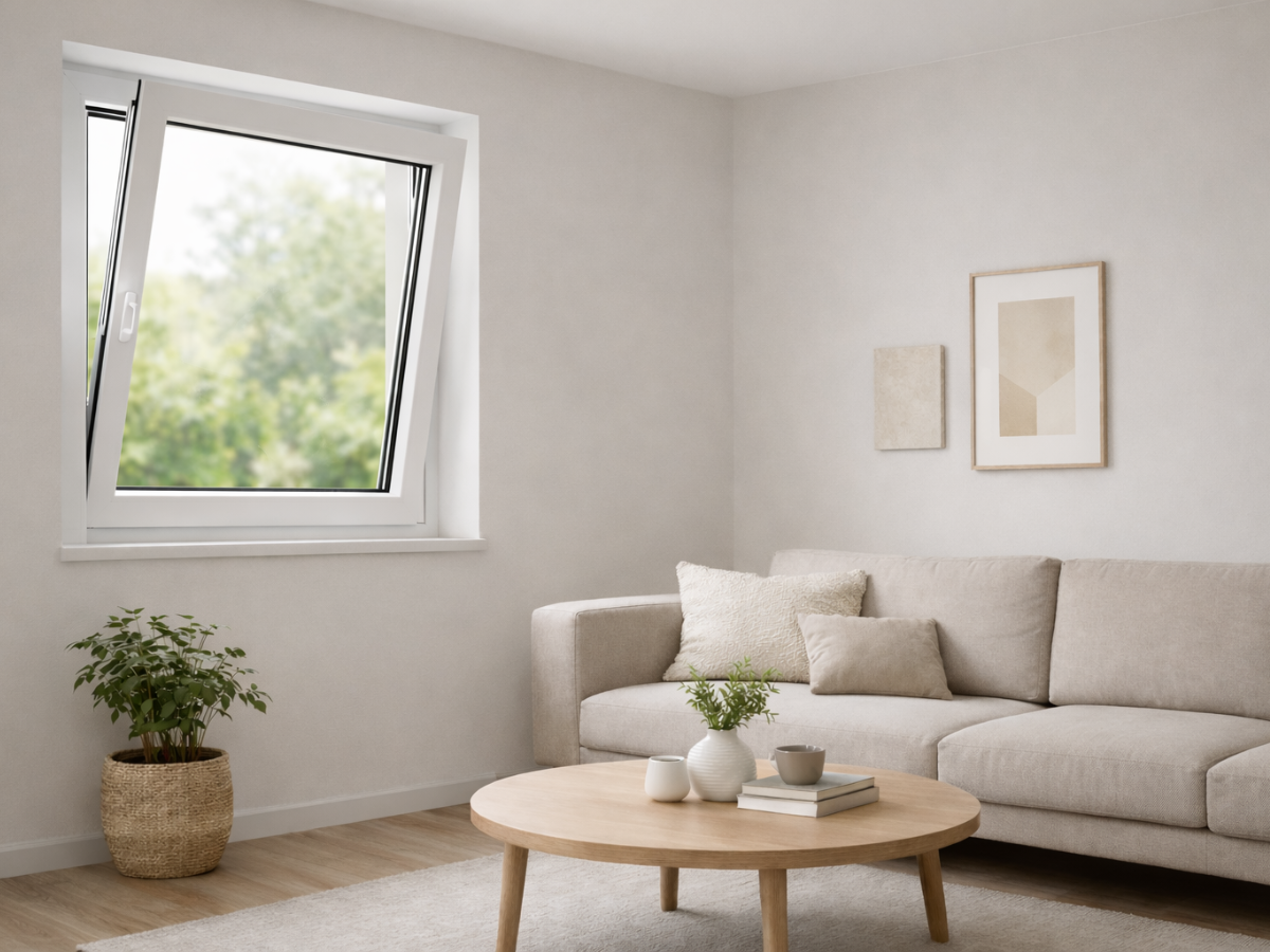 Kunststofffenster weiß aus Kunststoff, gekippt im hellen Wohnzimmer mit Sofa und Blick ins Grüne