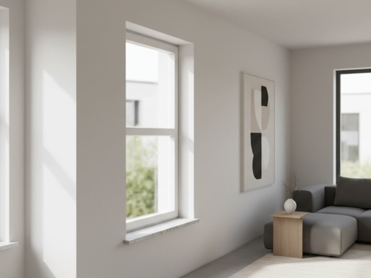 Kunststofffenster weiß aus Kunststoff mit schmalem Rahmen und Fensterbank im modernen Wohnzimmer