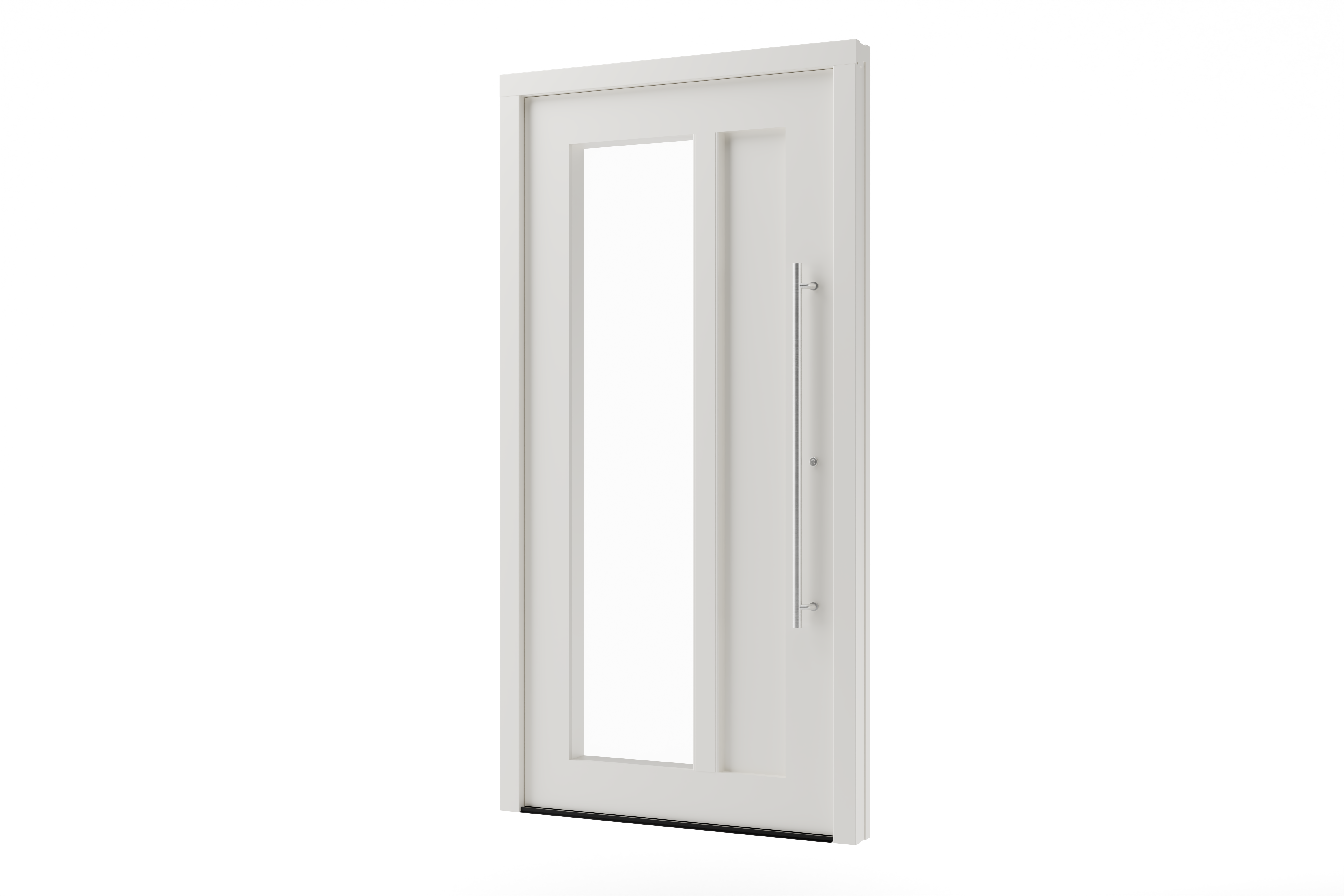 Haustür weiß aus Kunststoff mit schmalem satiniertem Glaseinsatz und langem Edelstahlgriff