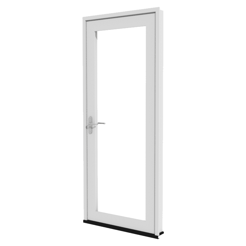Terrassentür weiß aus Kunststoff mit großer Glasfüllung, einflügelige Tür mit Griff